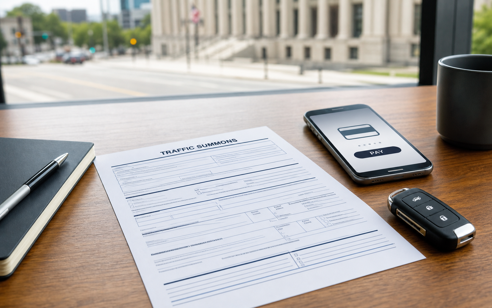 Generic traffic ticket paperwork, car keys, and phone on a desk